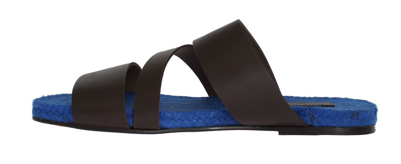 Brown Blue Leather Straw Slides Sandals