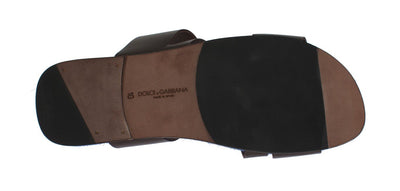 Brown Blue Leather Straw Slides Sandals