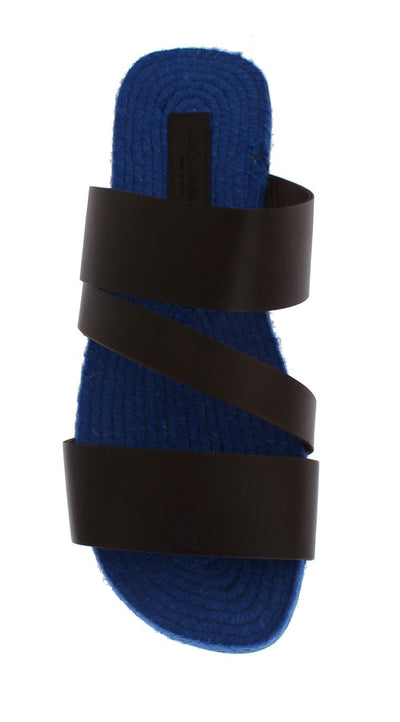 Brown Blue Leather Straw Slides Sandals