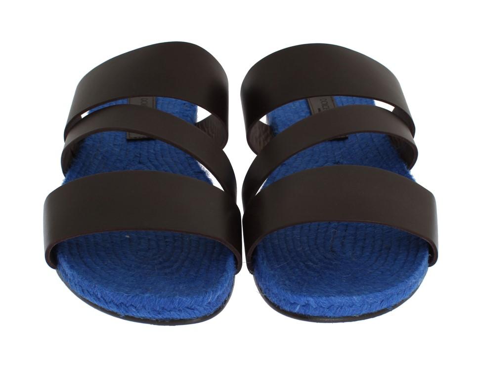 Brown Blue Leather Straw Slides Sandals
