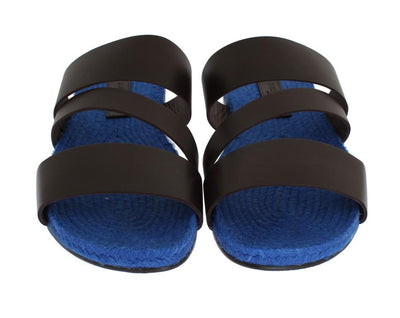 Brown Blue Leather Straw Slides Sandals