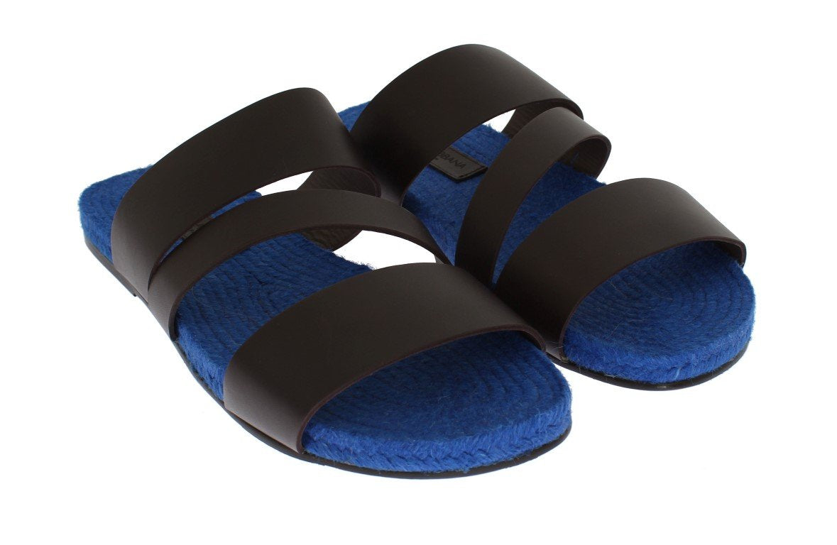 Brown Blue Leather Straw Slides Sandals