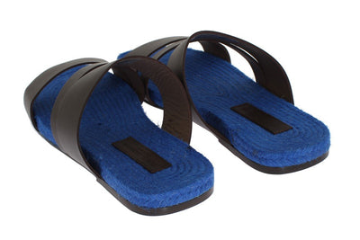 Brown Blue Leather Straw Slides Sandals