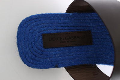 Brown Blue Leather Straw Slides Sandals