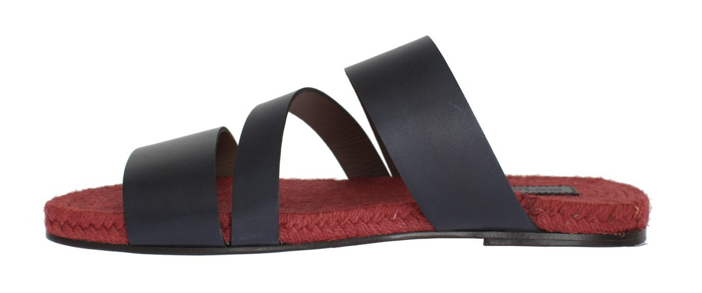 Blue Red Leather Straw Slides Sandals