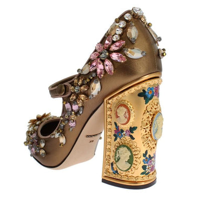 Gold Leather Crystal Heel Mary Janes Pumps