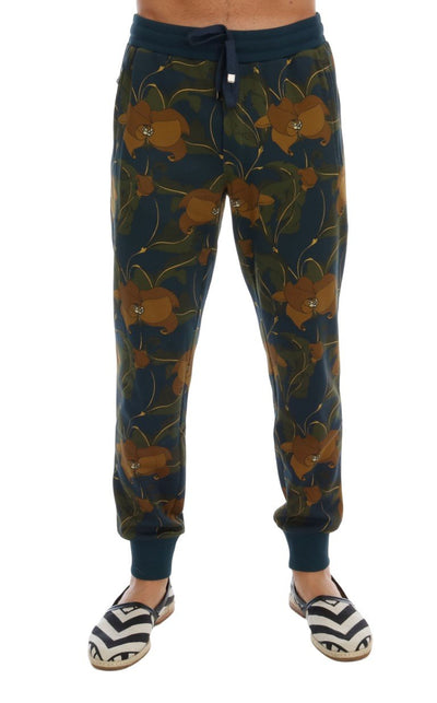 Blue Cotton Flower Print Sport Pants