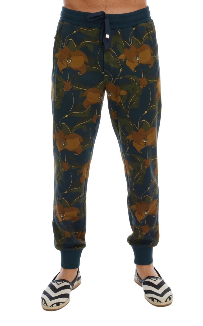 Blue Cotton Flower Print Sport Pants