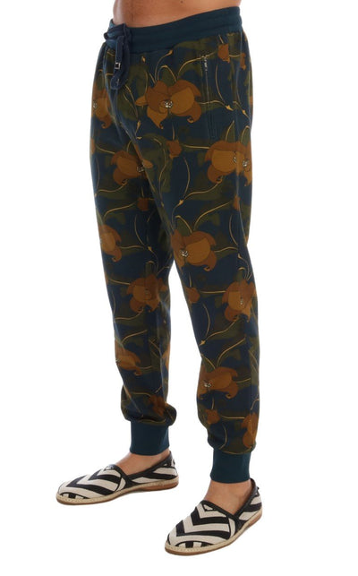Blue Cotton Flower Print Sport Pants