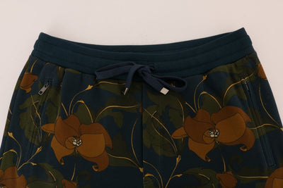 Blue Cotton Flower Print Sport Pants