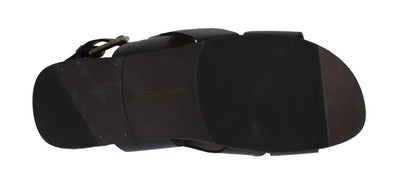 Black Leather Strap Slides Sandals