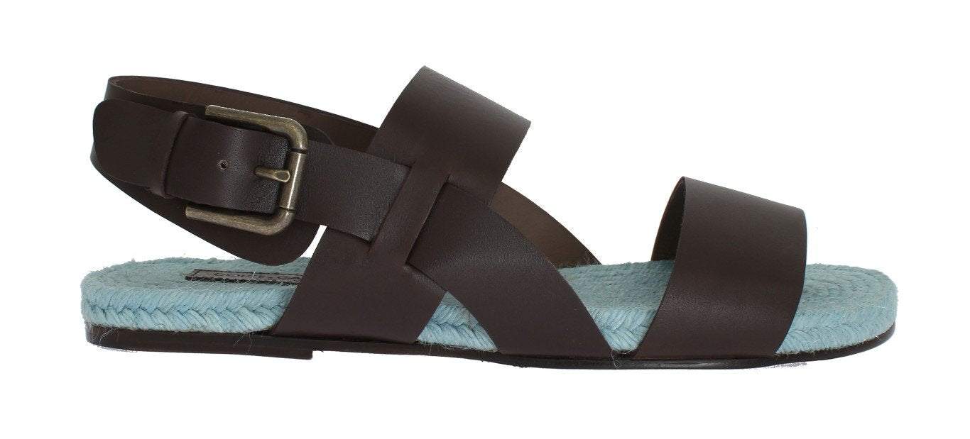 Brown Blue Leather Strap Slides Sandals