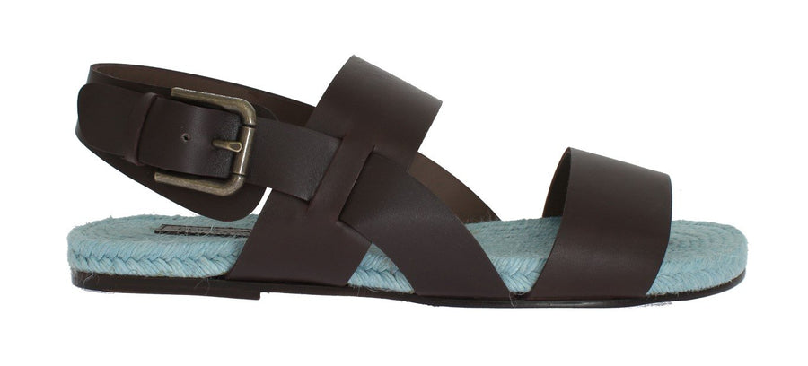 Brown Blue Leather Strap Slides Sandals