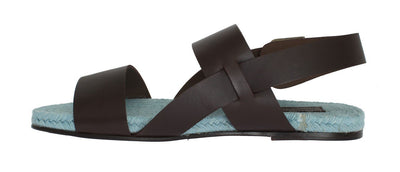 Brown Blue Leather Strap Slides Sandals