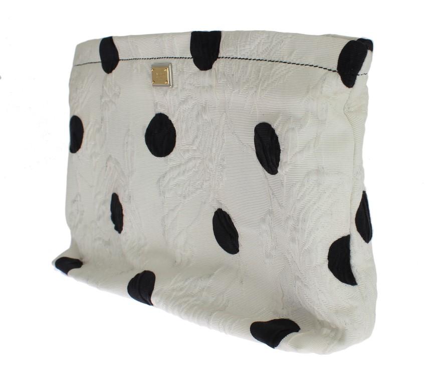 White Black Polka Dots Brocade Hand Clutch Bag