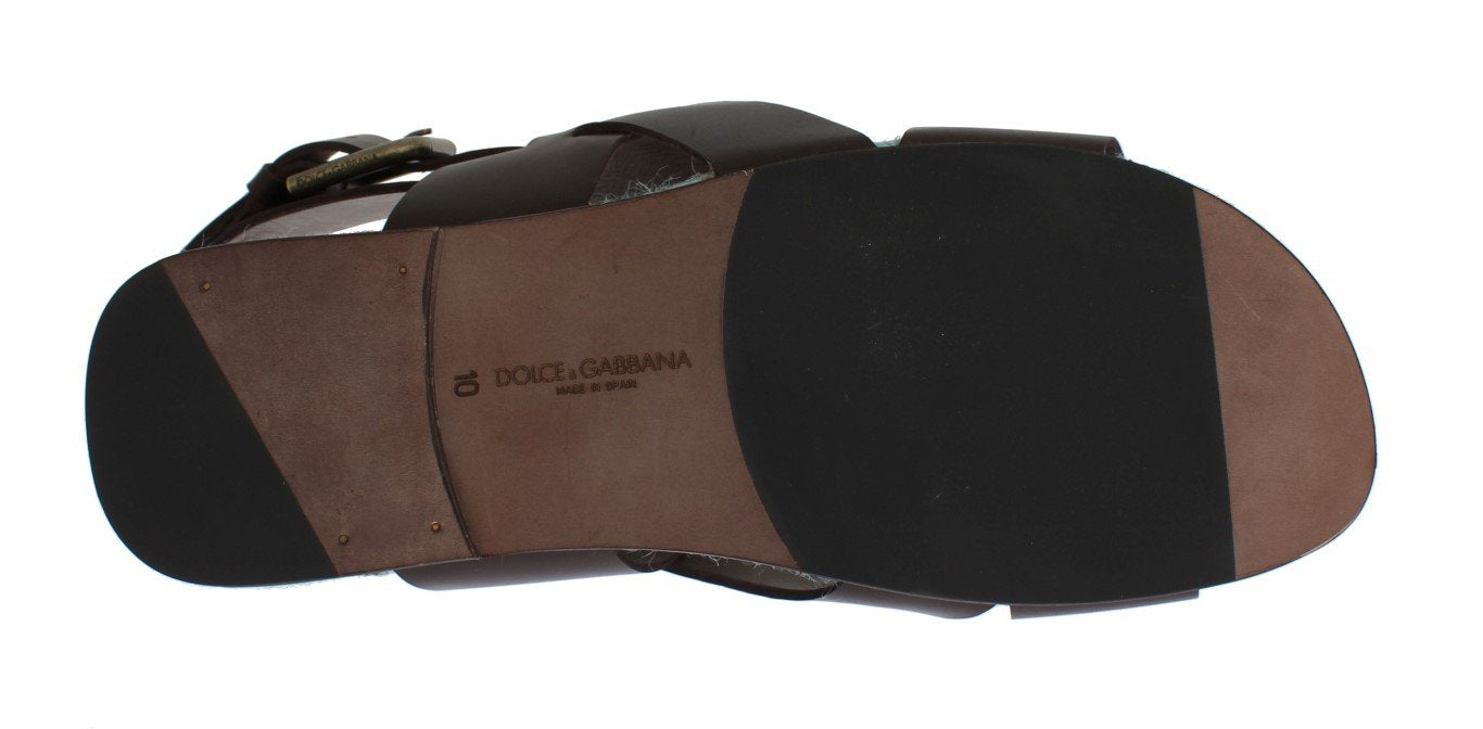 Brown Blue Leather Strap Slides Sandals