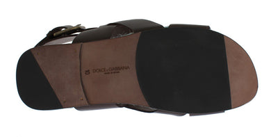 Brown Blue Leather Strap Slides Sandals