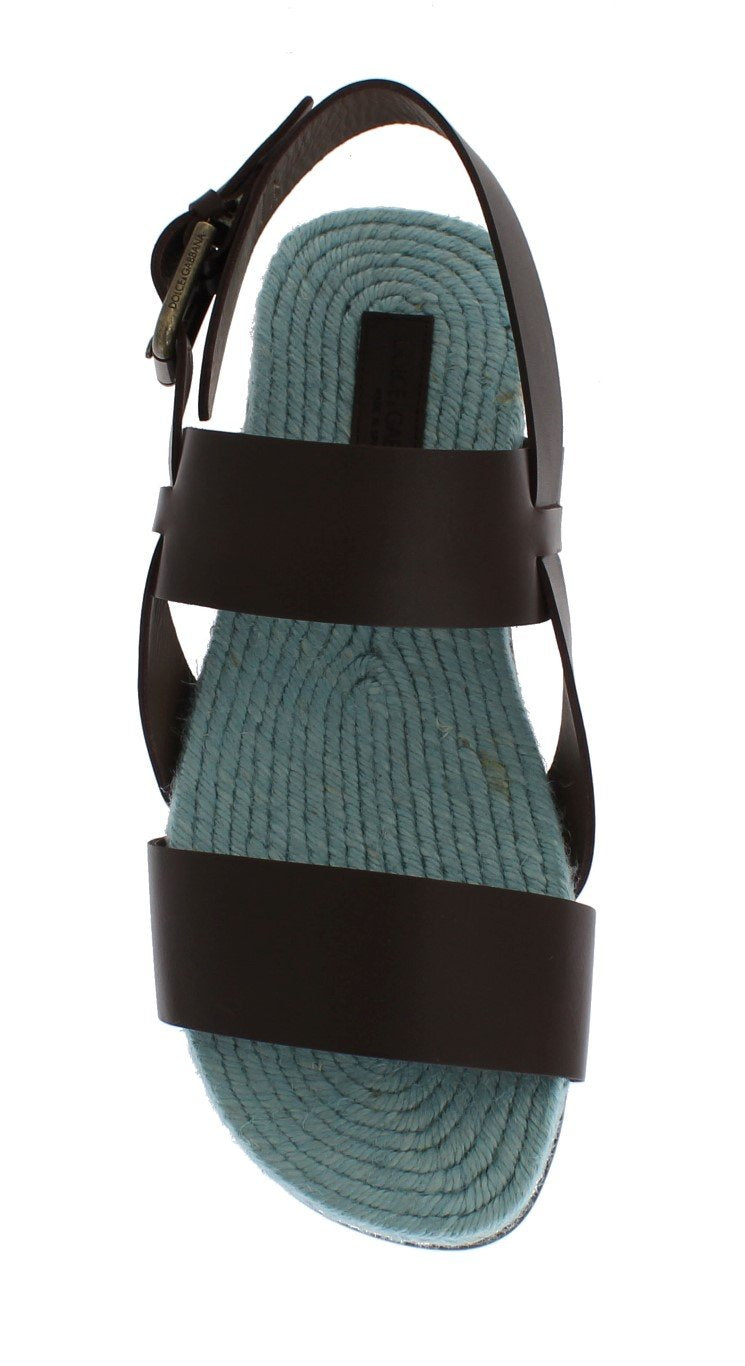 Brown Blue Leather Strap Slides Sandals