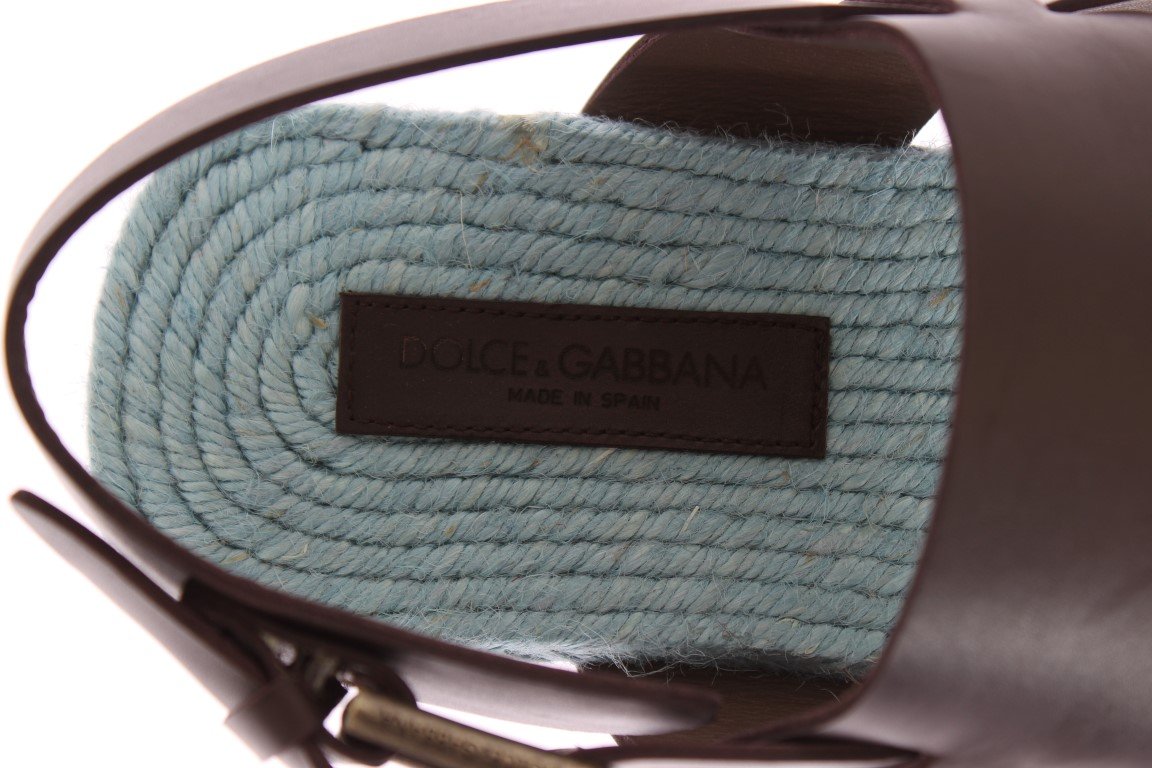 Brown Blue Leather Strap Slides Sandals