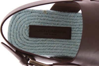 Brown Blue Leather Strap Slides Sandals