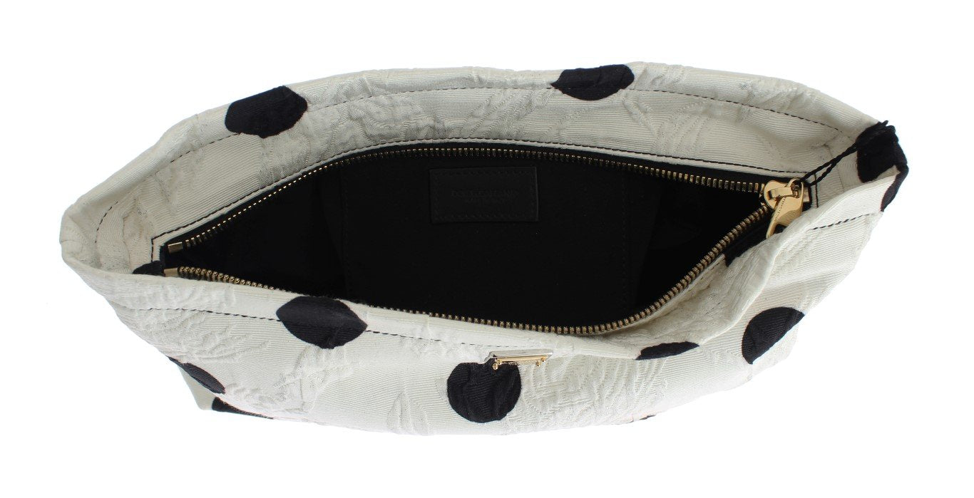 White Black Polka Dots Brocade Hand Clutch Bag