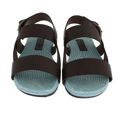 Brown Blue Leather Strap Slides Sandals