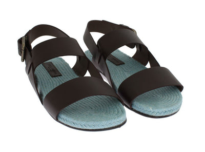 Brown Blue Leather Strap Slides Sandals