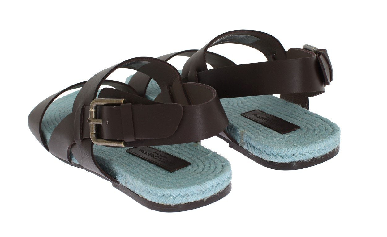 Brown Blue Leather Strap Slides Sandals