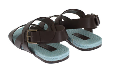 Brown Blue Leather Strap Slides Sandals