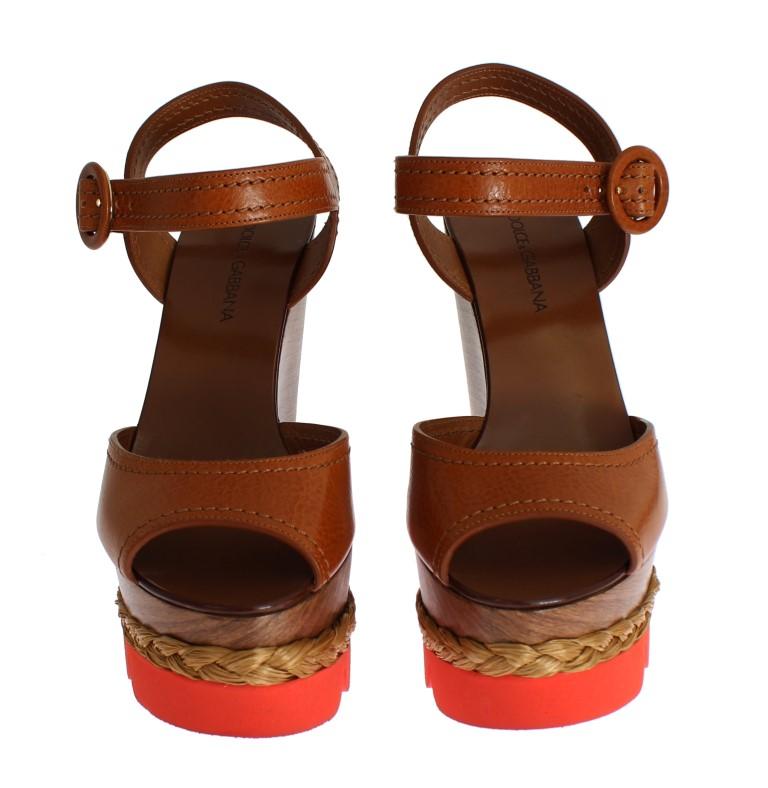 Brown Leather Strap Wedges Platform Shoes