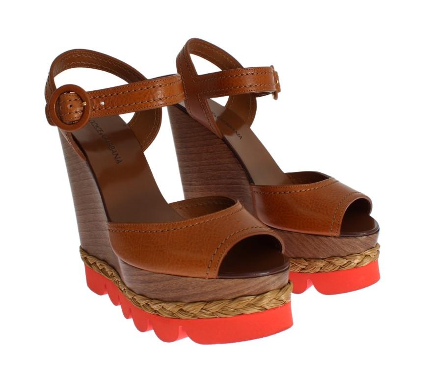 Brown Leather Strap Wedges Platform Shoes