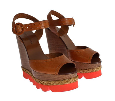 Brown Leather Strap Wedges Platform Shoes