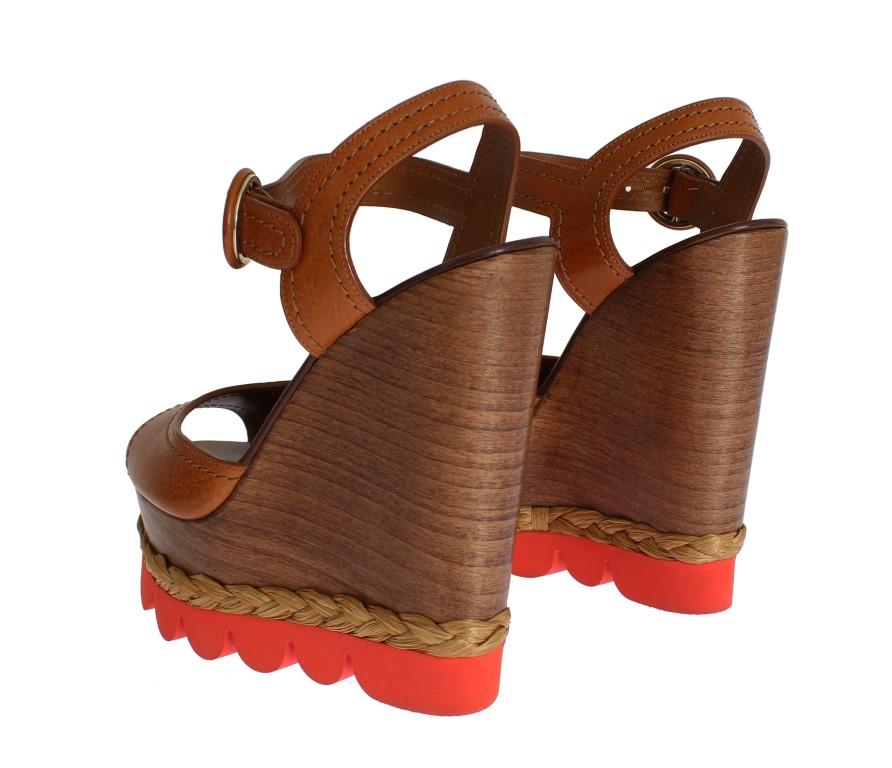 Brown Leather Strap Wedges Platform Shoes