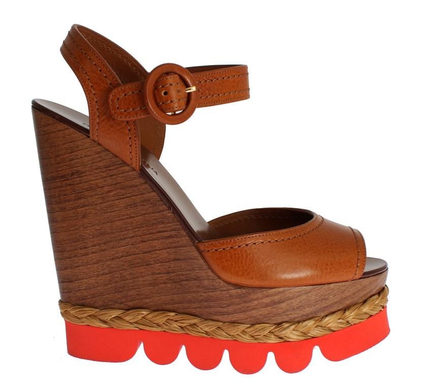 Brown Leather Strap Wedges Platform Shoes