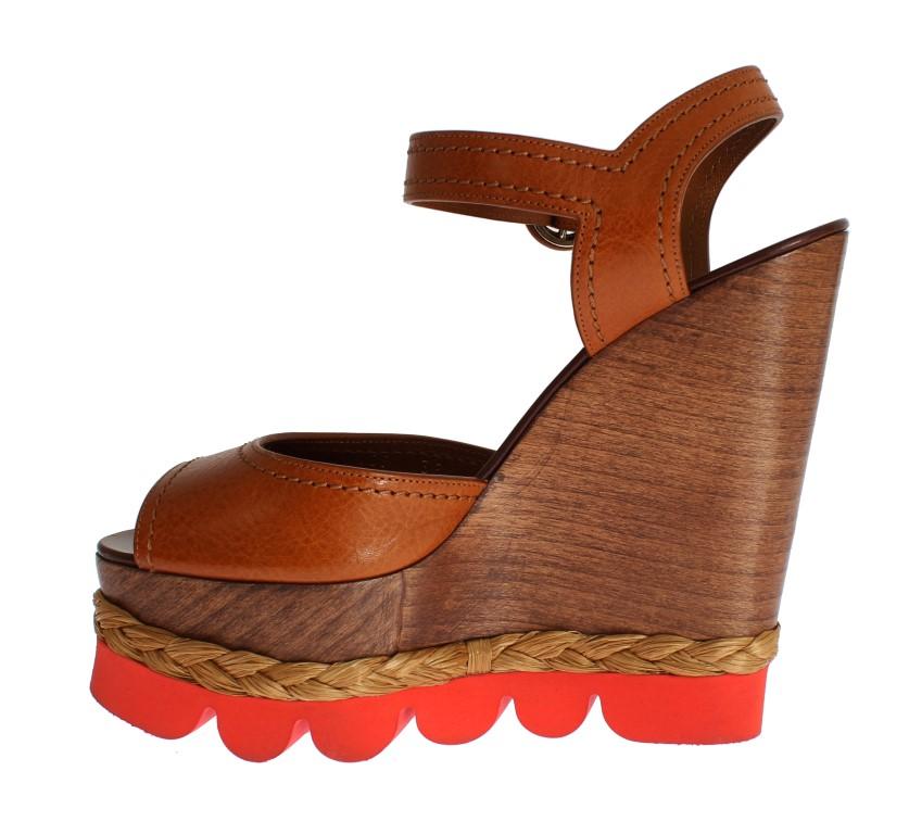 Brown Leather Strap Wedges Platform Shoes