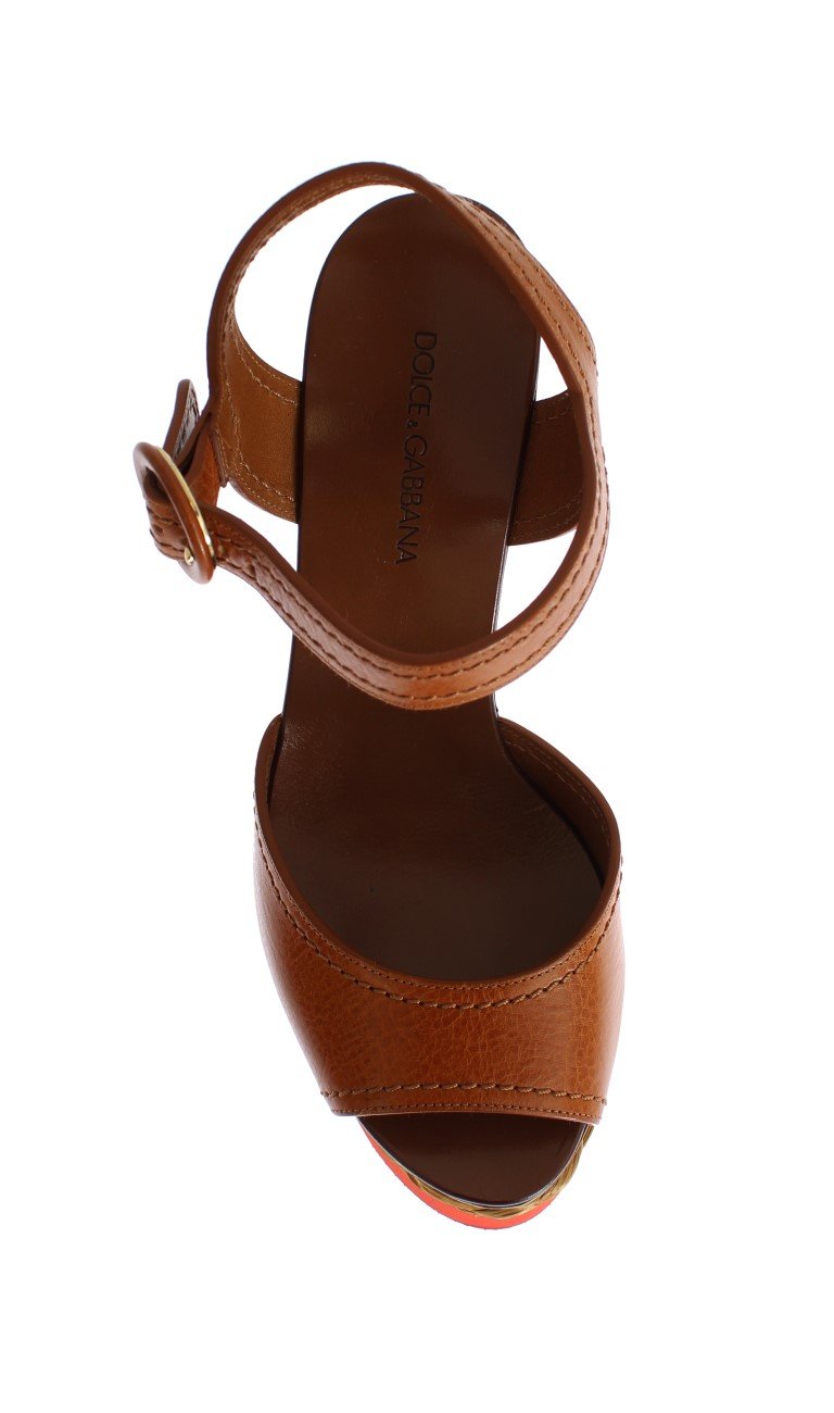Brown Leather Strap Wedges Platform Shoes