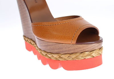 Brown Leather Strap Wedges Platform Shoes