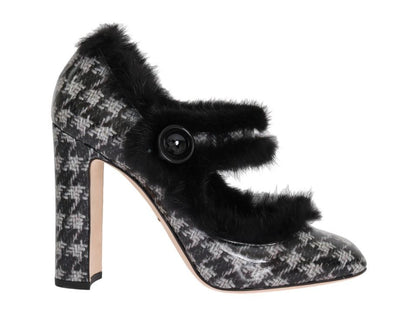 Black White Leather Print Fur Pumps