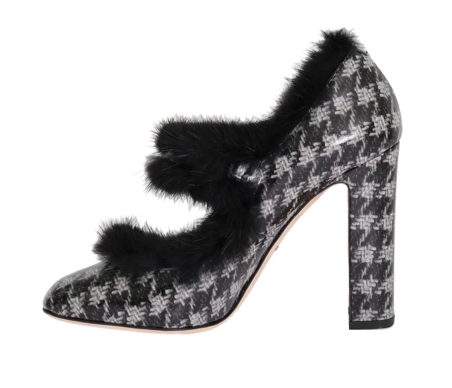 Black White Leather Print Fur Pumps