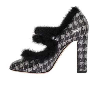 Black White Leather Print Fur Pumps