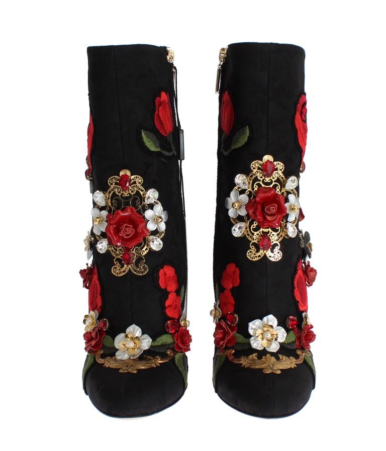 Black Roses Crystal Brocade Heel Boots