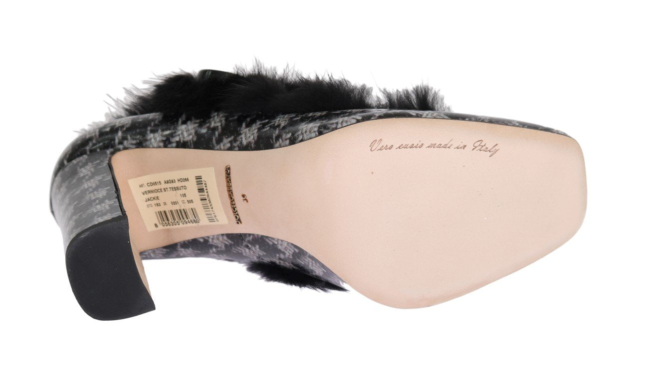 Black White Leather Print Fur Pumps