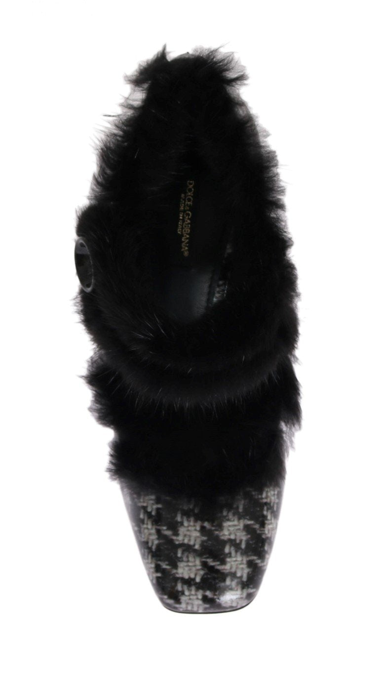 Black White Leather Print Fur Pumps