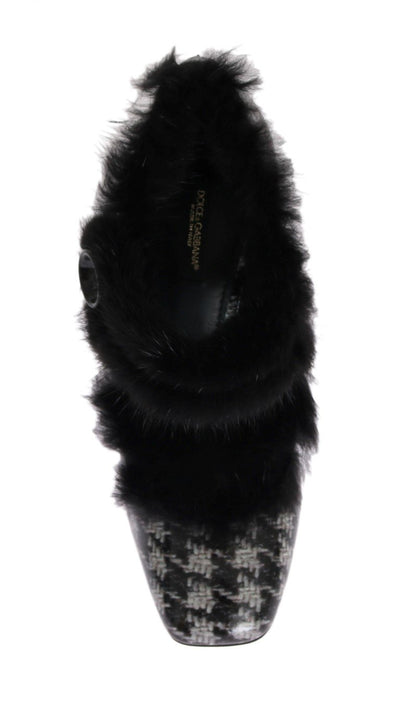 Black White Leather Print Fur Pumps