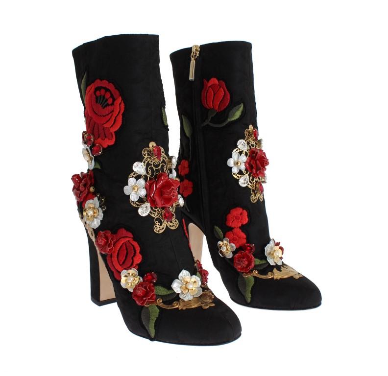 Black Roses Crystal Brocade Heel Boots