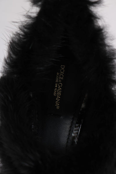 Black White Leather Print Fur Pumps