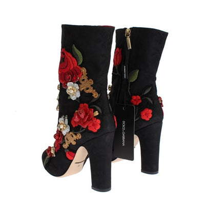Black Roses Crystal Brocade Heel Boots