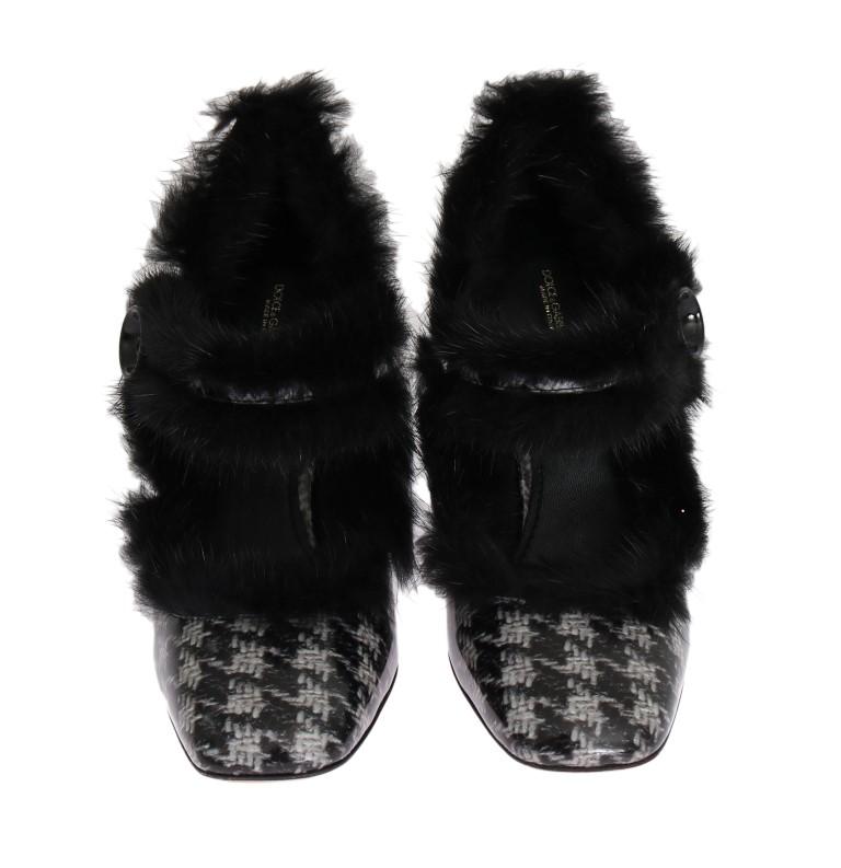 Black White Leather Print Fur Pumps