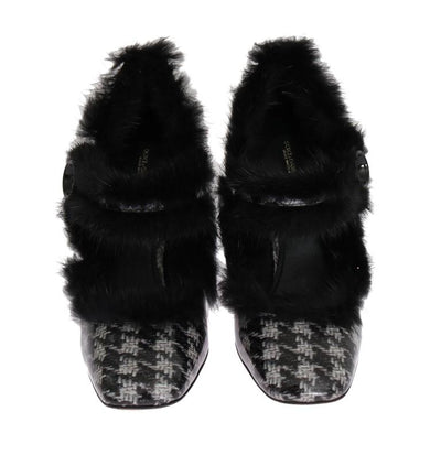 Black White Leather Print Fur Pumps