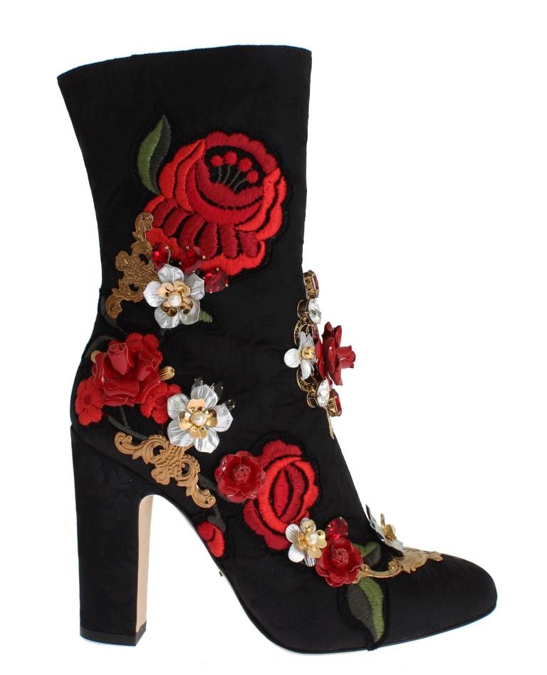 Black Roses Crystal Brocade Heel Boots